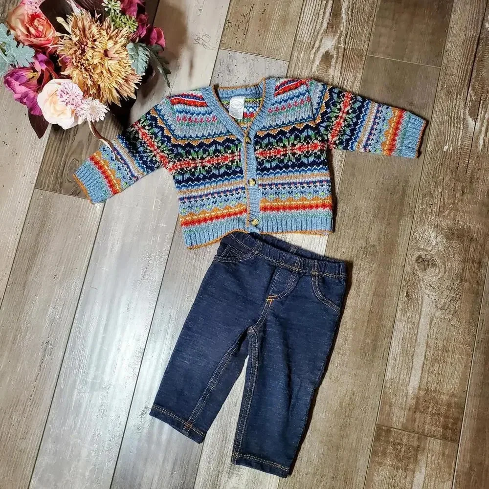 Starting Out Baby Boys 9m Outfit - Knit Cardigan Sweater and Jeans